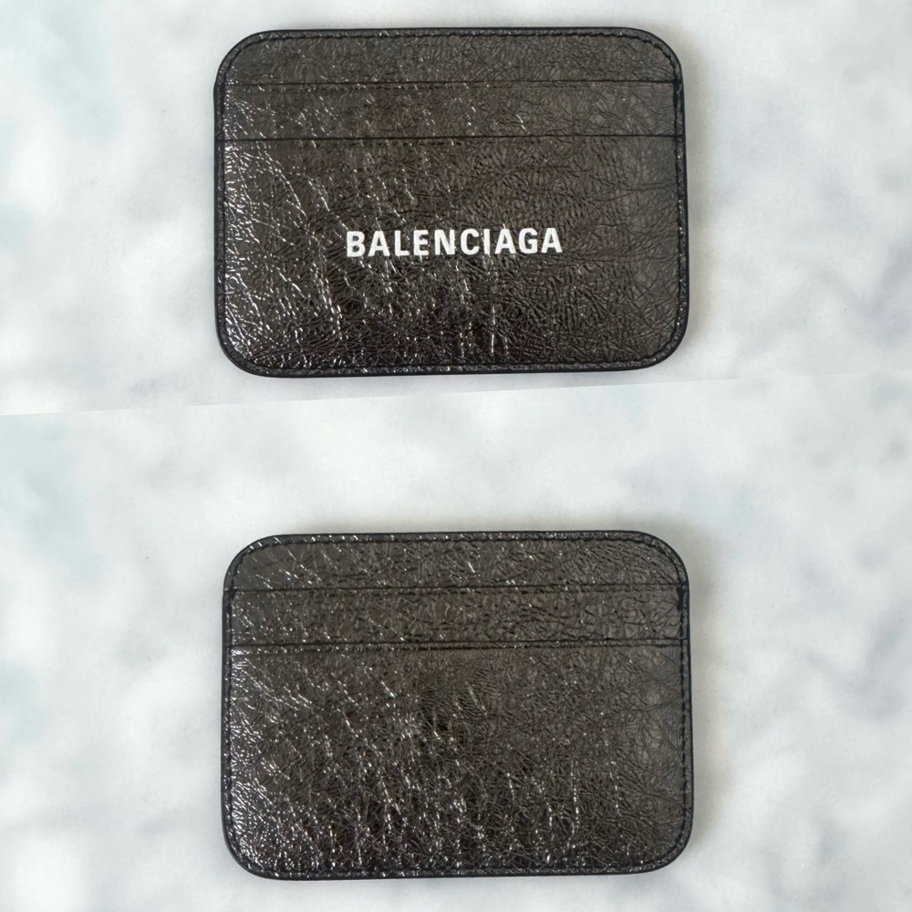 BALENCIAGA LOGO Metallic Silver Leather Credit Card Cash Cardholder Wallet NEW